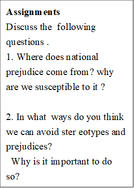 Assignments Discuss the following questions . 1. Where does national prejudice come from? why are we susceptible to it ? 2. In what ways do you think we can avoid stereotypes and prejudices? Why is it important to do so?